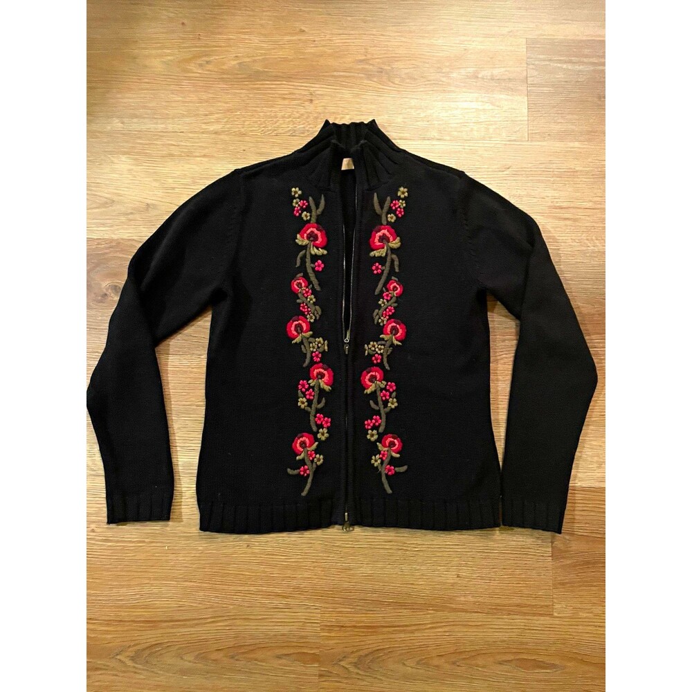 Kate Hill Women’s Black Full Zip Embroidered Floral Cottage core Sweater